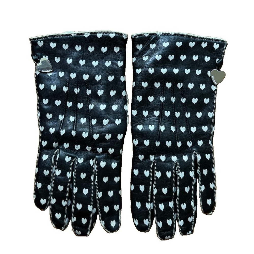 Moschino Made in Italy Black Leather Gloves Off White Hearts Logo Charms 6.5